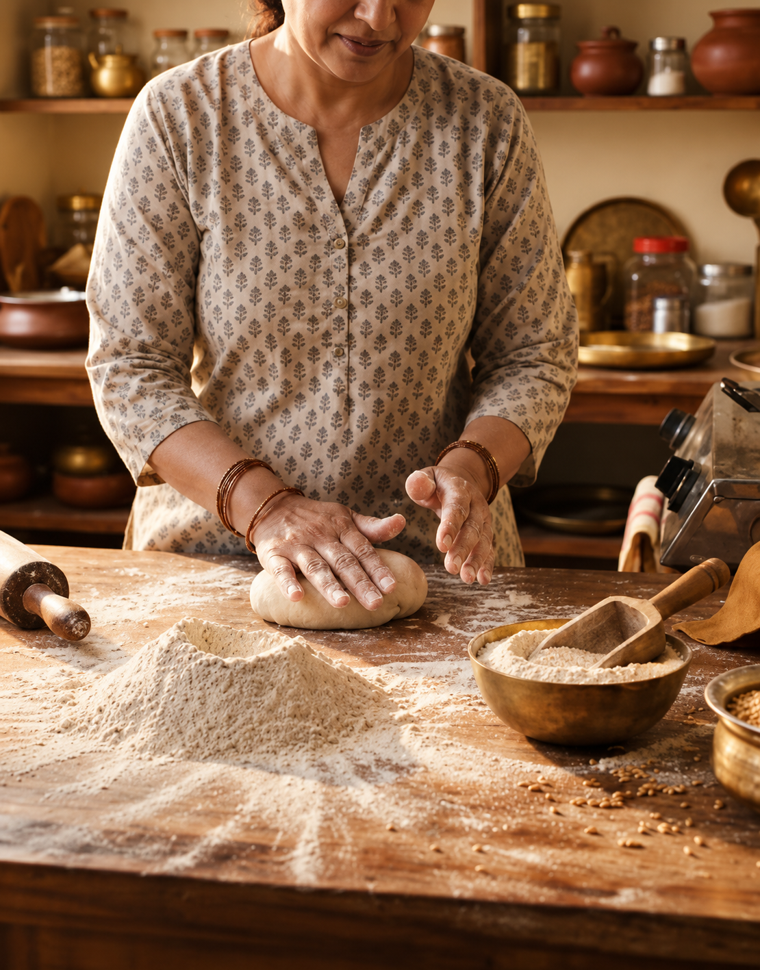 Traditional flour preparation in an Indian kitchen