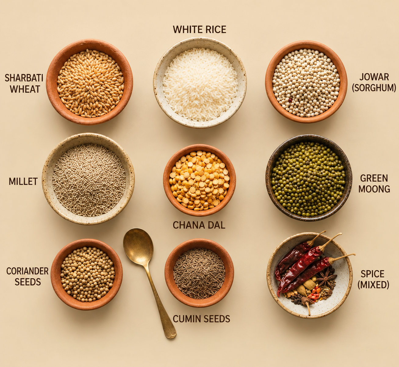 Grains, pulses and traditional ingredients used by Annavidhi