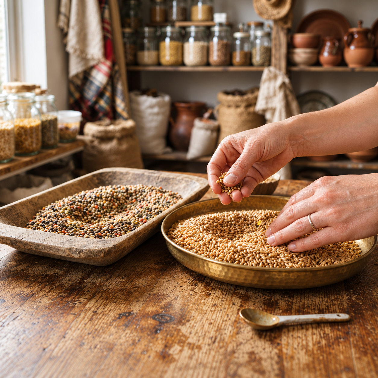Hands selecting grains in a traditional kitchen